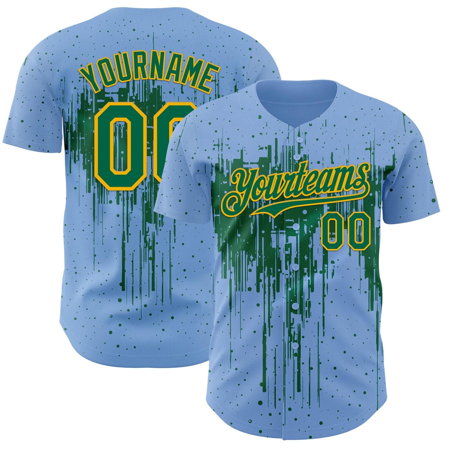 Custom Light Blue Kelly Green-Gold Dripping Splatter Paint Authentic Baseball Jersey
