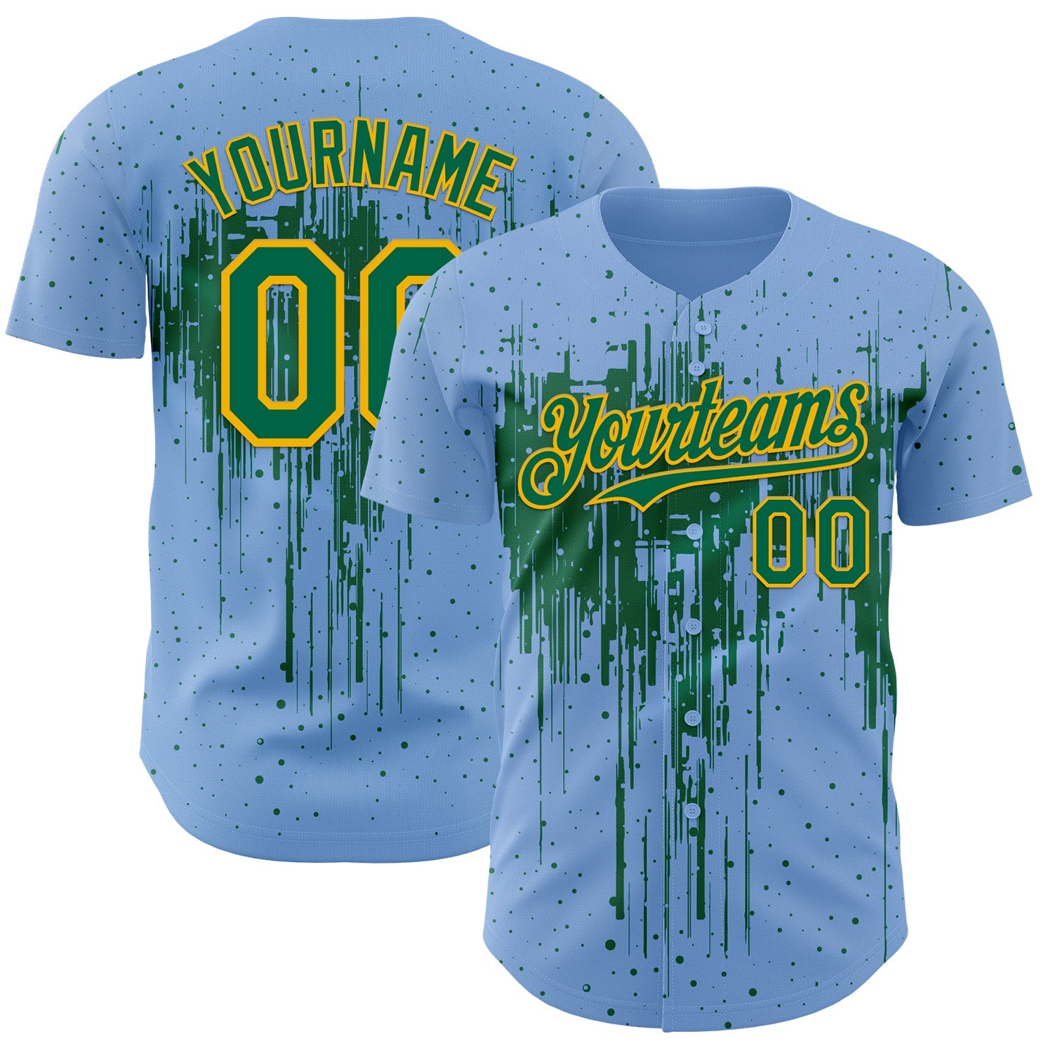 Custom Light Blue Kelly Green-Gold Dripping Splatter Paint Authentic Baseball Jersey