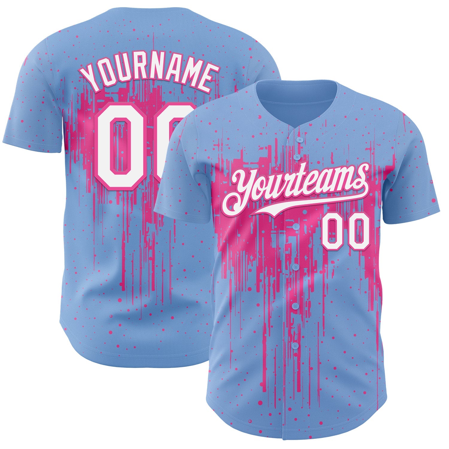 Custom Light Blue White-Pink Dripping Splatter Paint Authentic Baseball Jersey