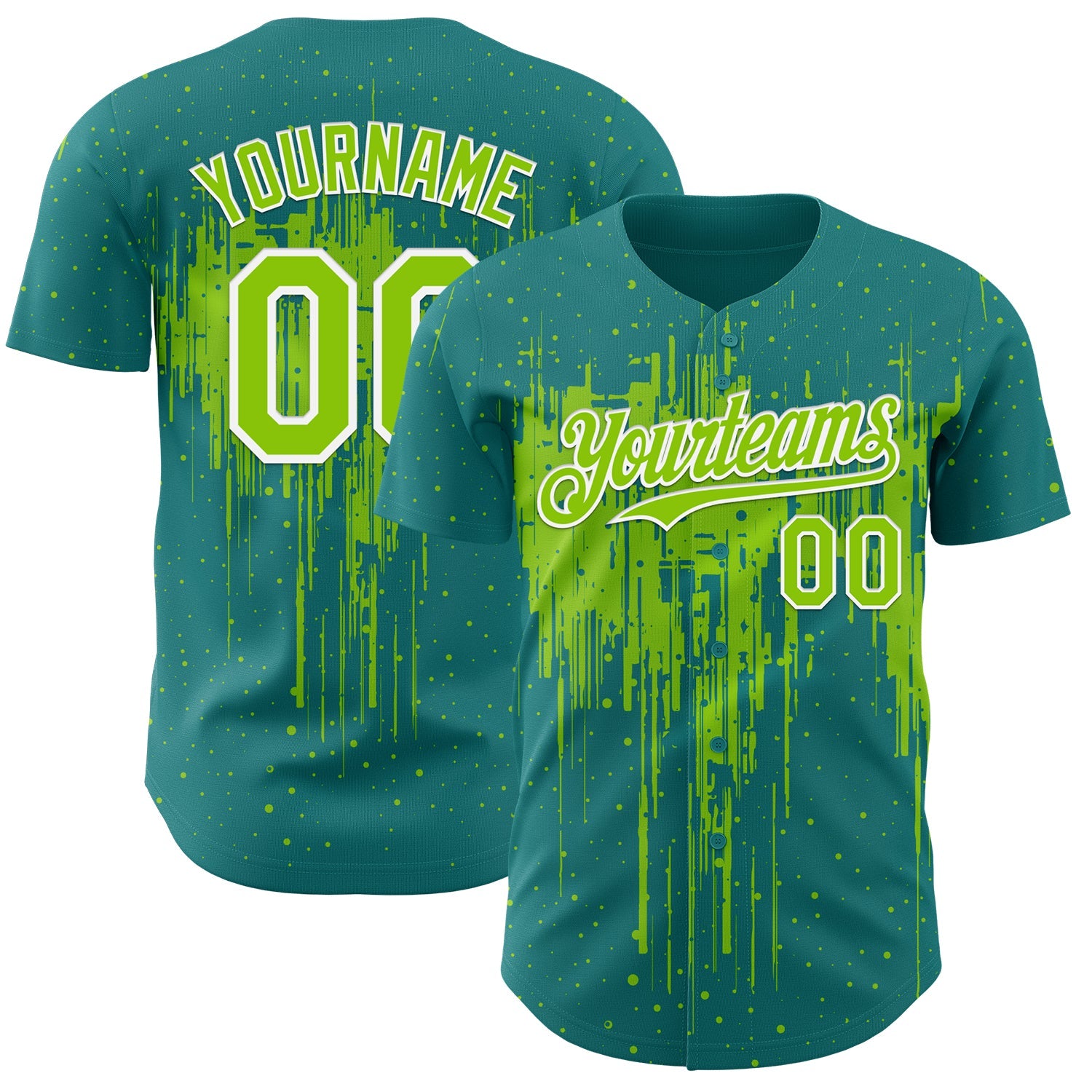 Custom Teal Neon Green-White Dripping Splatter Paint Authentic Baseball Jersey