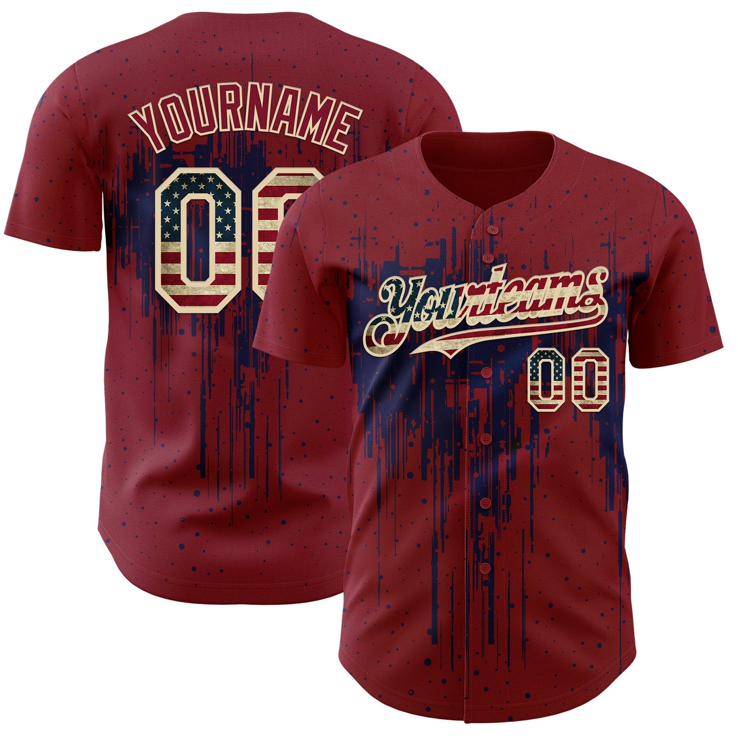 Custom Crimson Vintage USA Flag Cream-Navy Dripping Splatter Paint Authentic Baseball Jersey