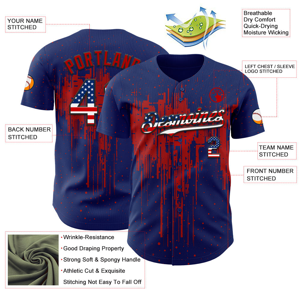 Custom Royal Vintage USA Flag Black-Red Dripping Splatter Paint Authentic Baseball Jersey