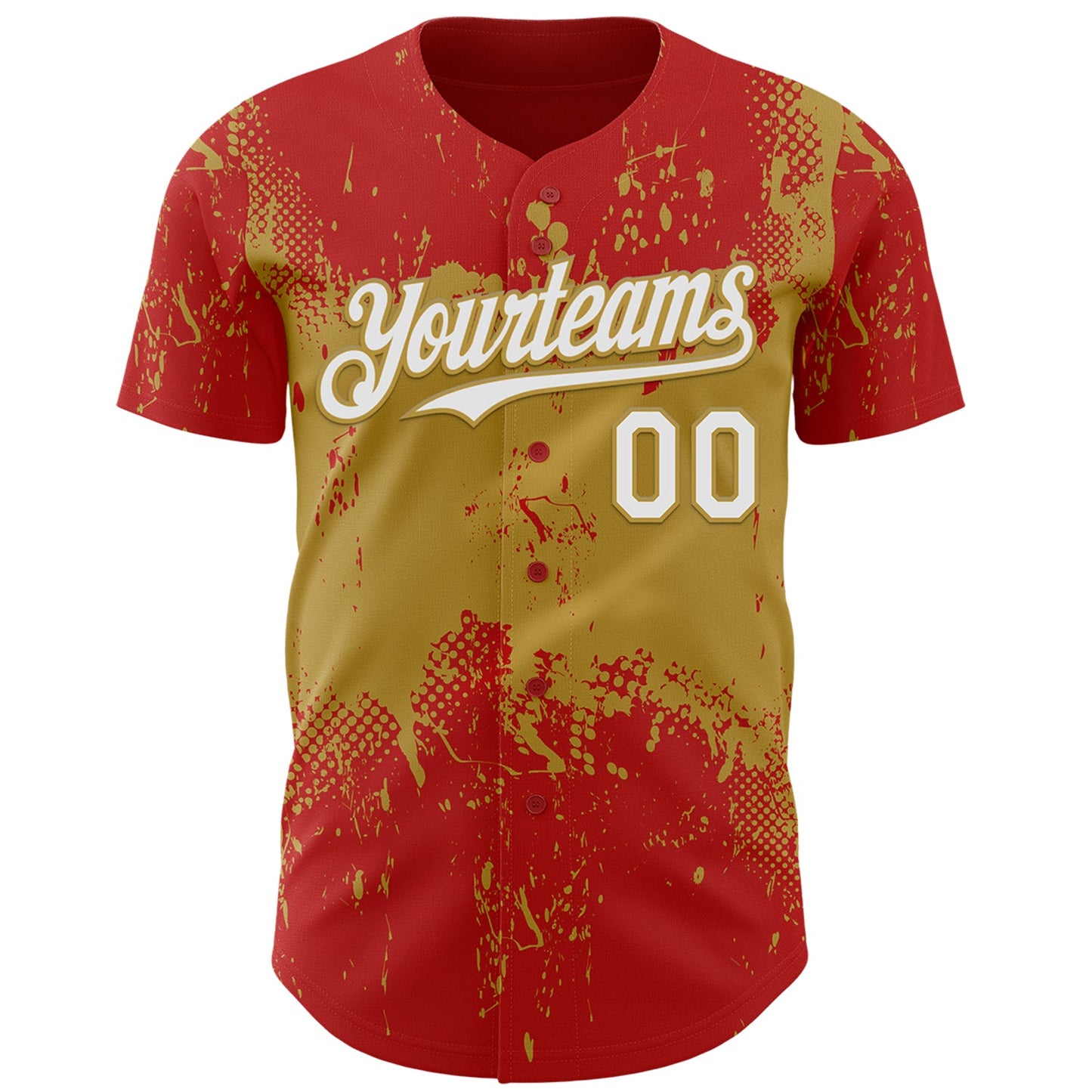 Custom Red White-Old Gold Abstract Splatter Grunge Paint Authentic Baseball Jersey
