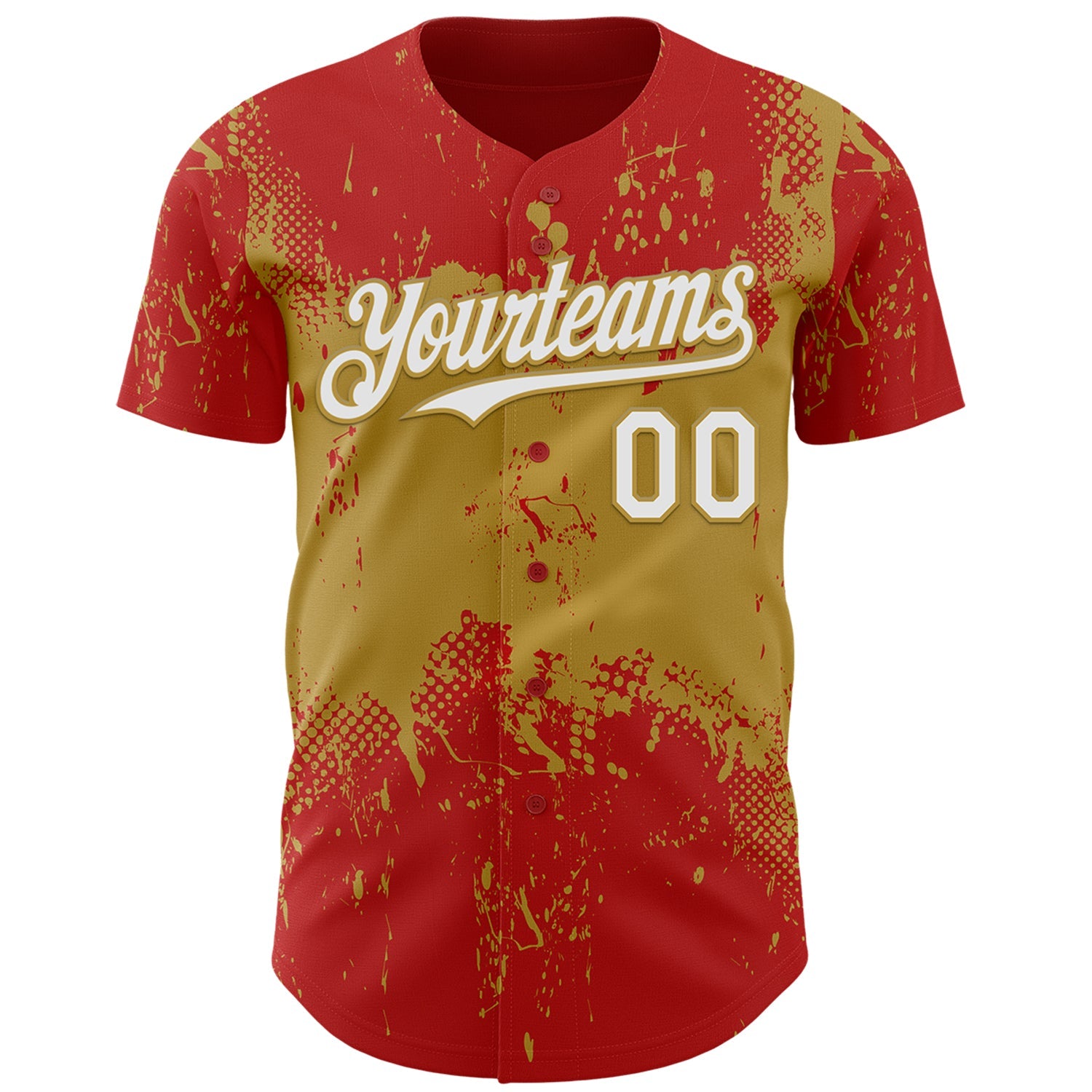Custom Red White-Old Gold Abstract Splatter Grunge Paint Authentic Baseball Jersey