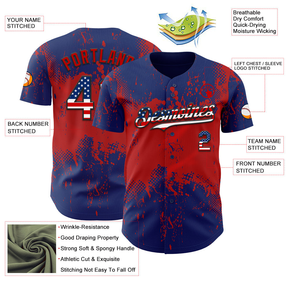 Custom Royal USA Flag Red-Black Abstract Splatter Grunge Paint Authentic Baseball Jersey