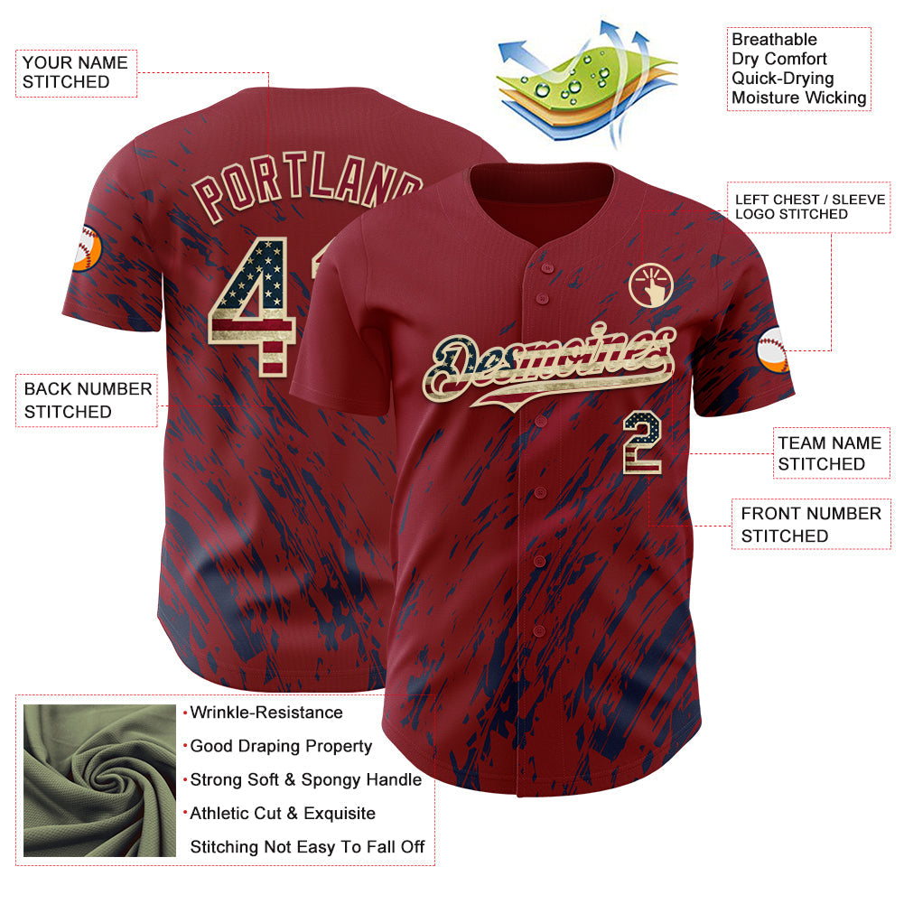 Custom Crimson Vintage USA Flag Navy-Cream Paint Stroke Grunge Streak Authentic Baseball Jersey