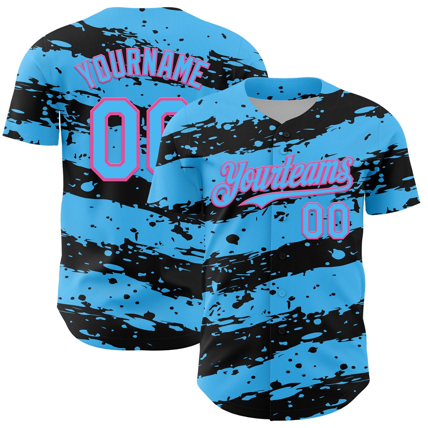 Custom Sky Blue Black-Pink Paint Splash Stripe Authentic Baseball Jersey