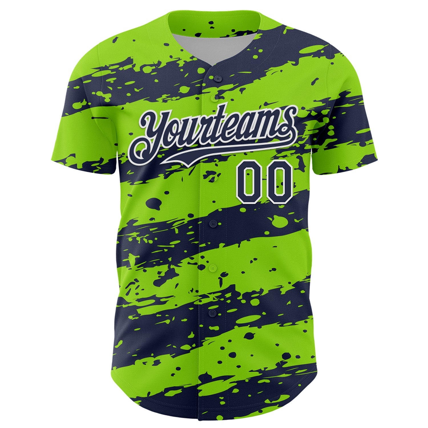 Custom Neon Green Navy-White Paint Splash Stripe Authentic Baseball Jersey