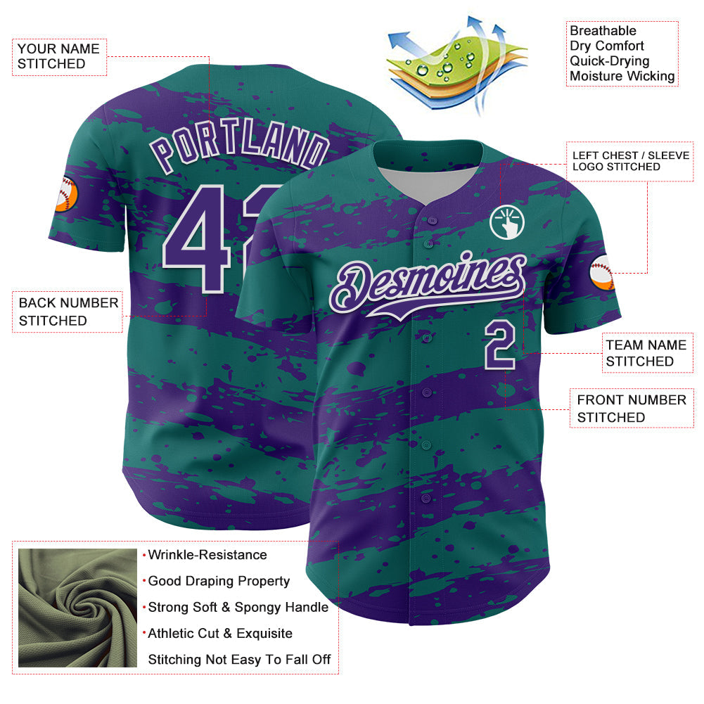 Custom Teal Purple-White Paint Splash Stripe Authentic Baseball Jersey
