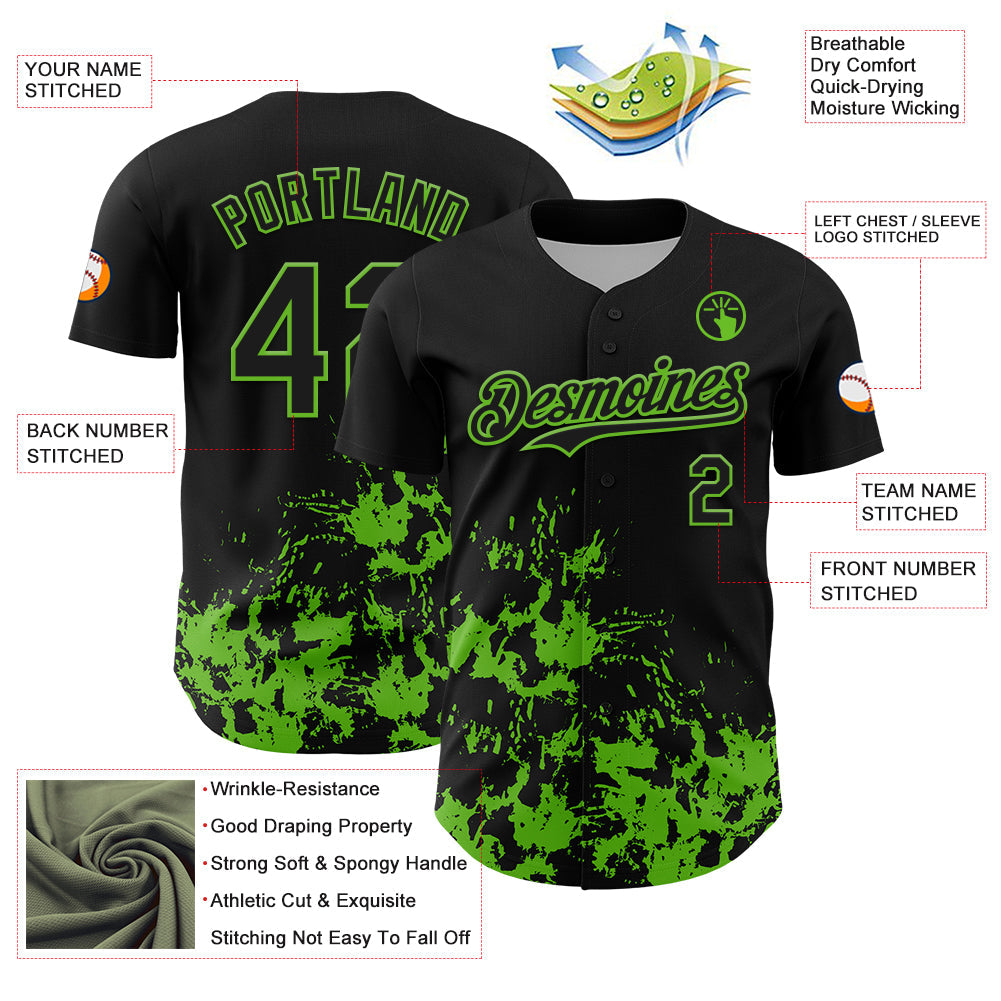 Custom Black Grass Green Splatter Authentic Baseball Jersey