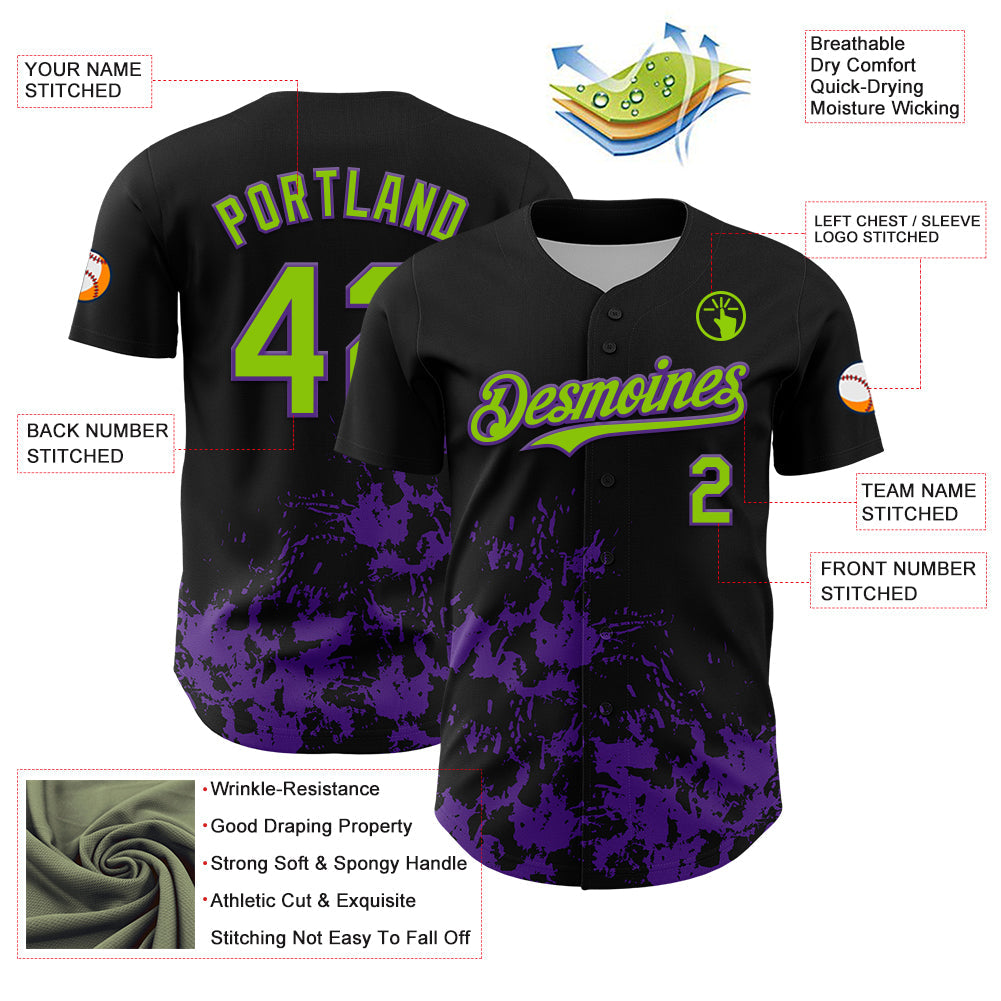 Custom Black Neon Green-Purple Splatter Authentic Baseball Jersey