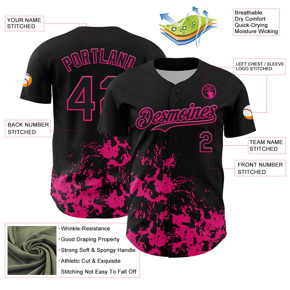 Custom Black Hot Pink Splatter Authentic Baseball Jersey