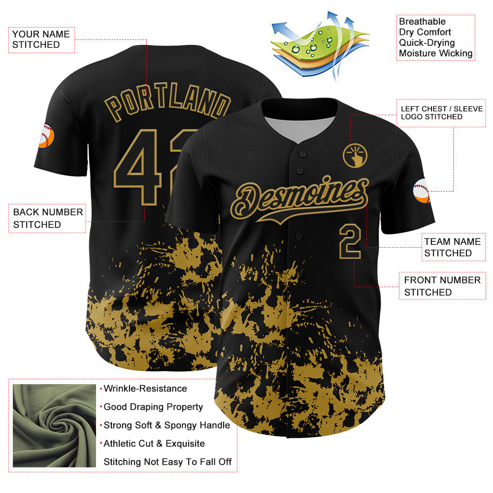 Custom Black Old Gold Splatter Authentic Baseball Jersey
