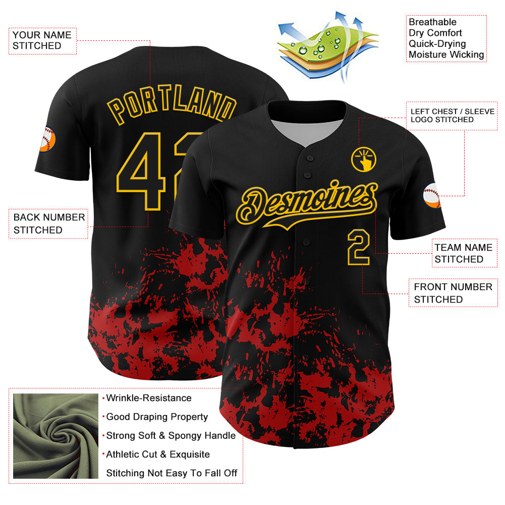 Custom Black Yellow-Red Splatter Authentic Baseball Jersey