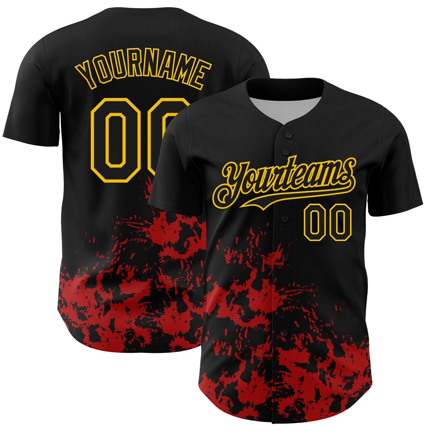 Custom Black Yellow-Red Splatter Authentic Baseball Jersey