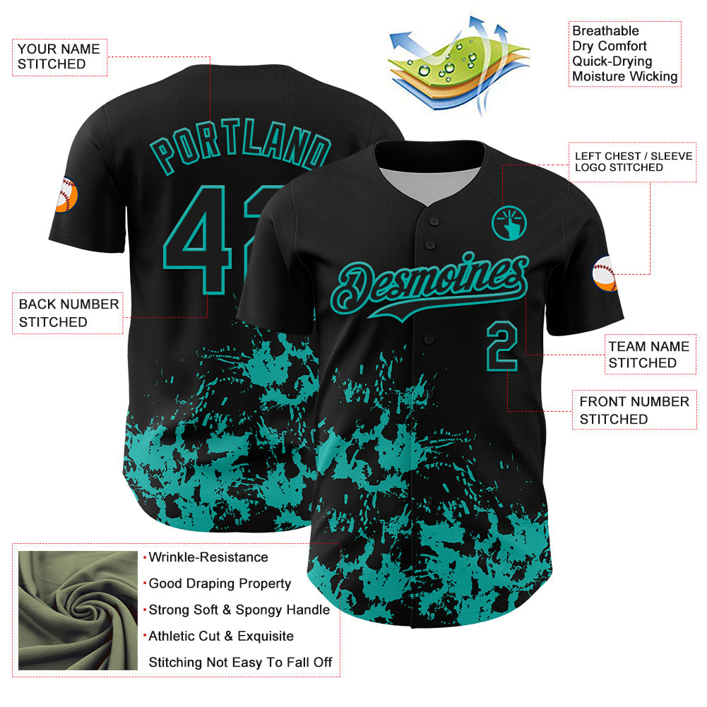 Custom Black Aqua Splatter Authentic Baseball Jersey