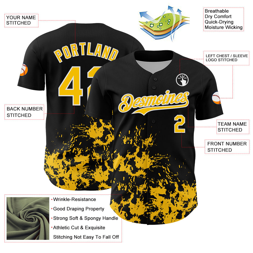 Custom Black Yellow-White Splatter Authentic Baseball Jersey