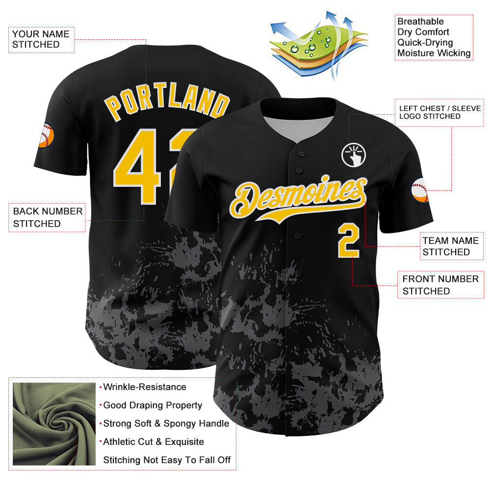 Custom Black Yellow White-Gray Splatter Authentic Baseball Jersey