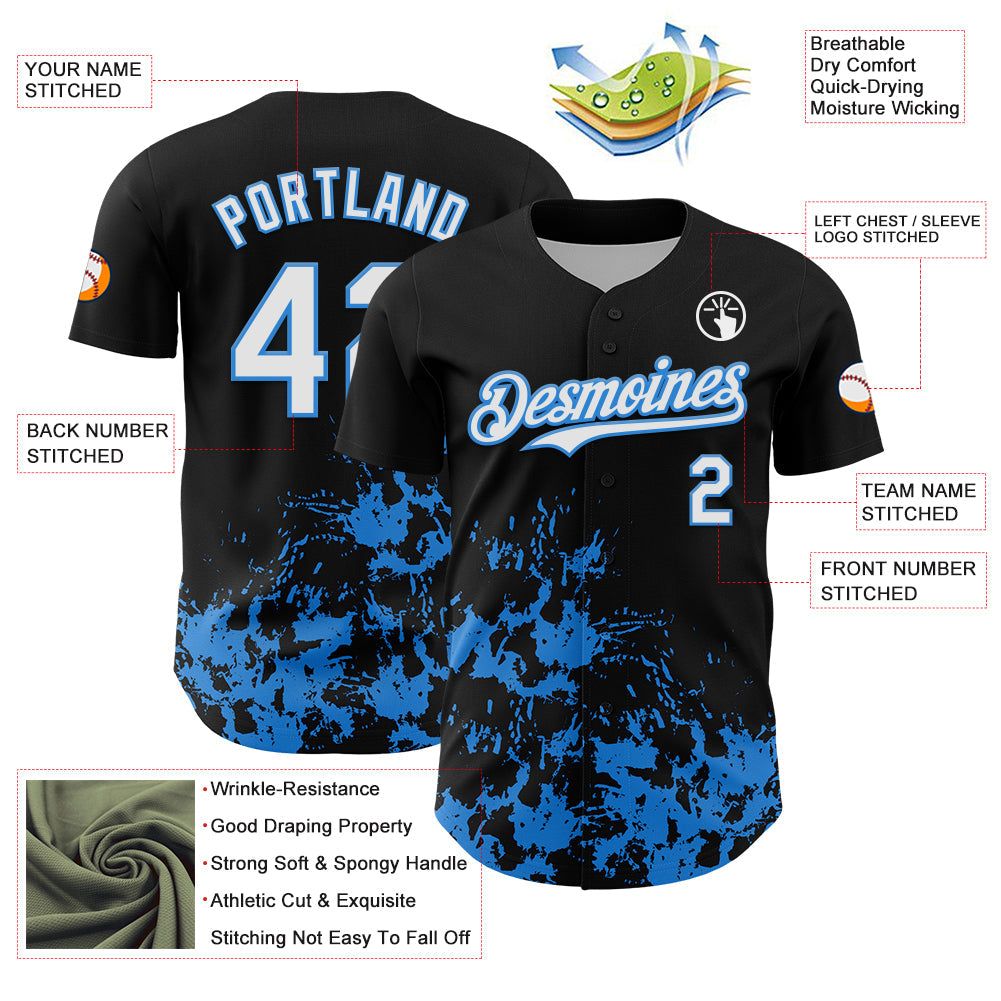 Custom Black White-Powder Blue Splatter Authentic Baseball Jersey
