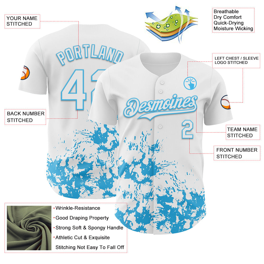 Custom White Sky Blue Splatter Authentic Baseball Jersey