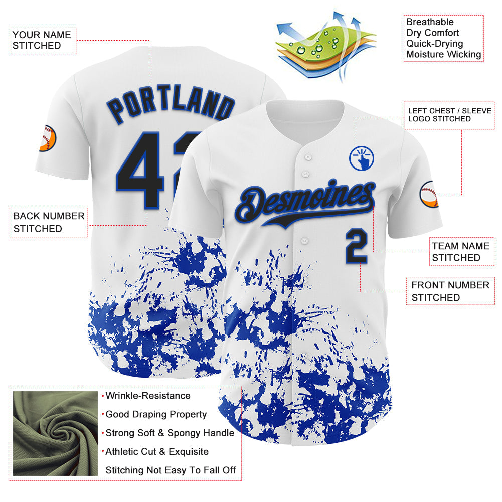 Custom White Black-Thunder Blue Splatter Authentic Baseball Jersey