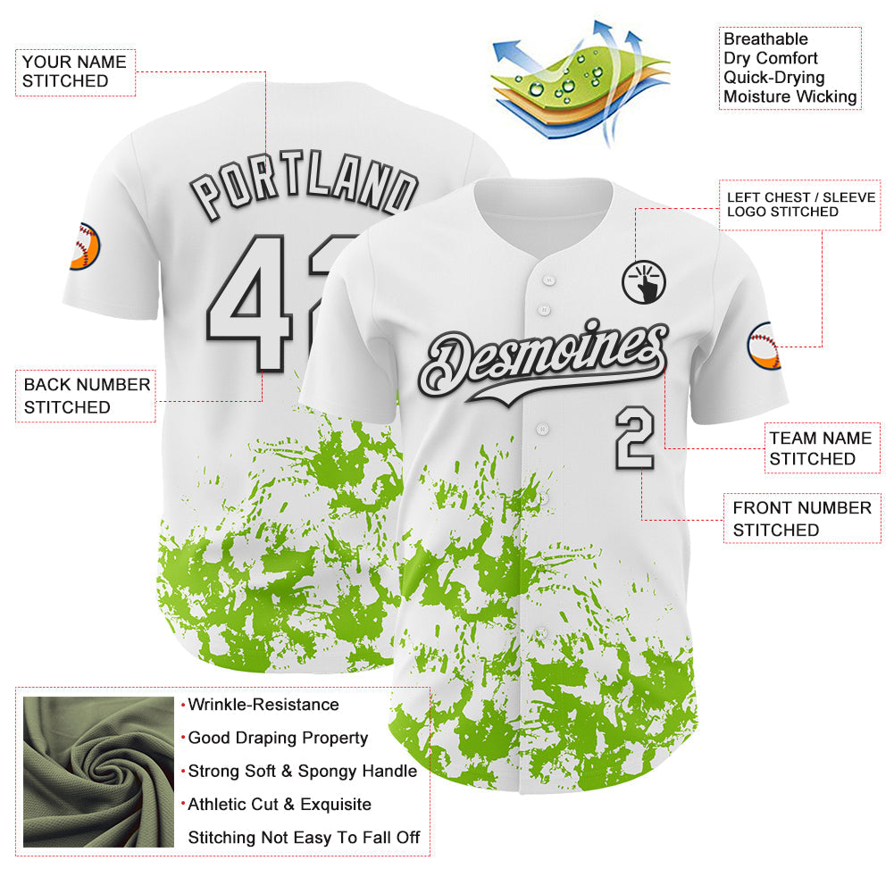Custom White Black-Neon Green Splatter Authentic Baseball Jersey