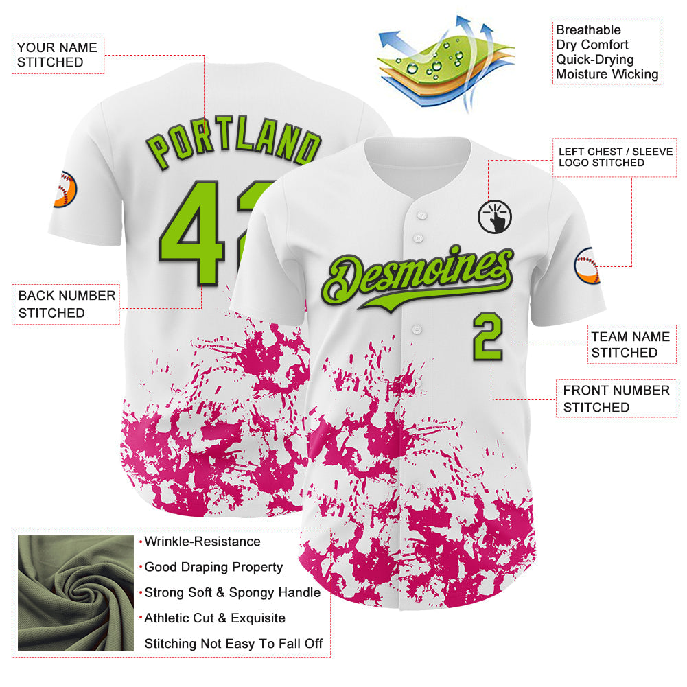 Custom White Neon Green Black-Pink Splatter Authentic Baseball Jersey