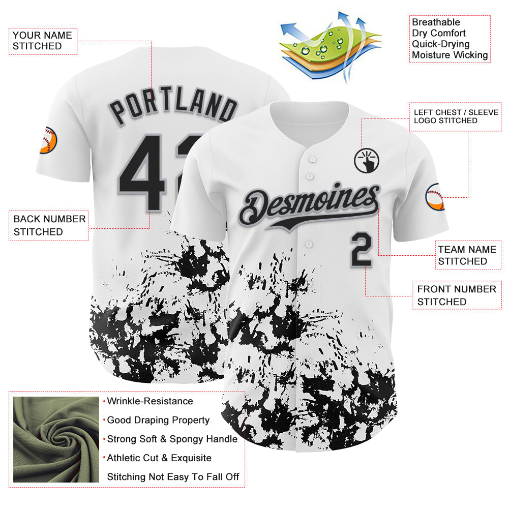 Custom White Black-Gray Splatter Authentic Baseball Jersey