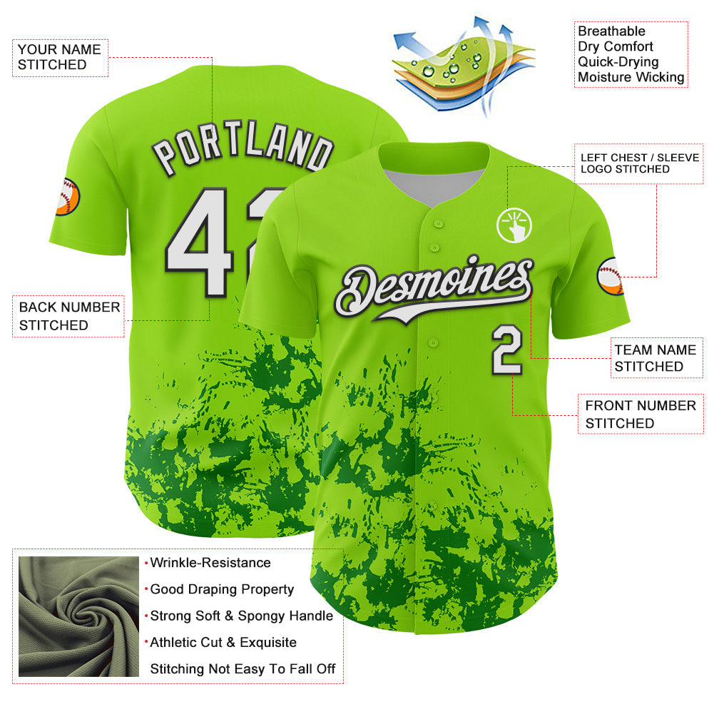Custom Neon Green White Black-Green Splatter Authentic Baseball Jersey
