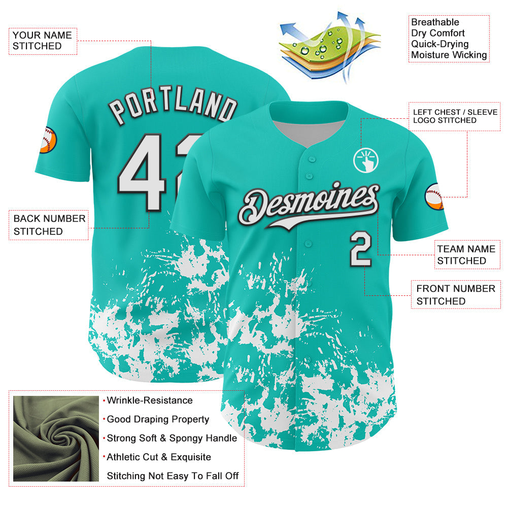 Custom Aqua White-Black Splatter Authentic Baseball Jersey