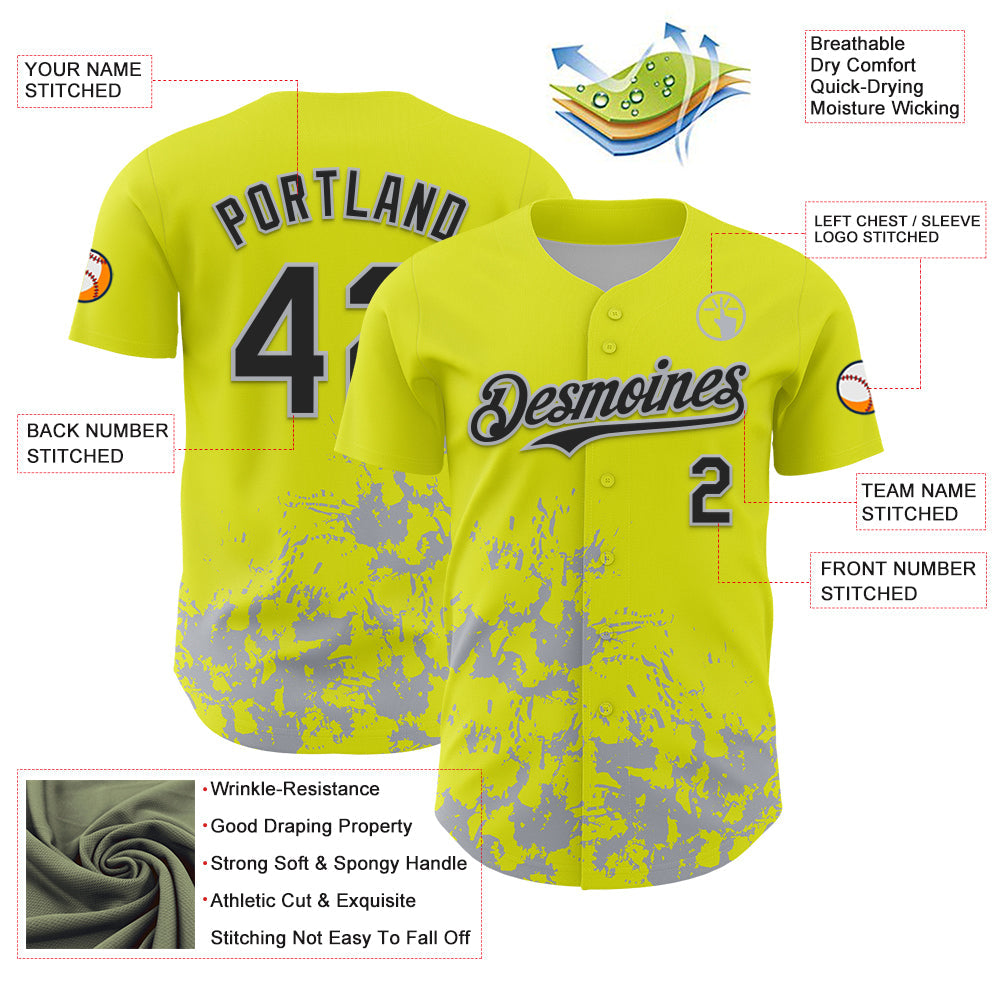 Custom Neon Yellow Black-Gray Splatter Authentic Baseball Jersey