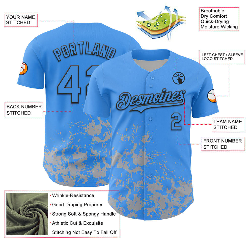 Custom Powder Blue Black-Gray Splatter Authentic Baseball Jersey