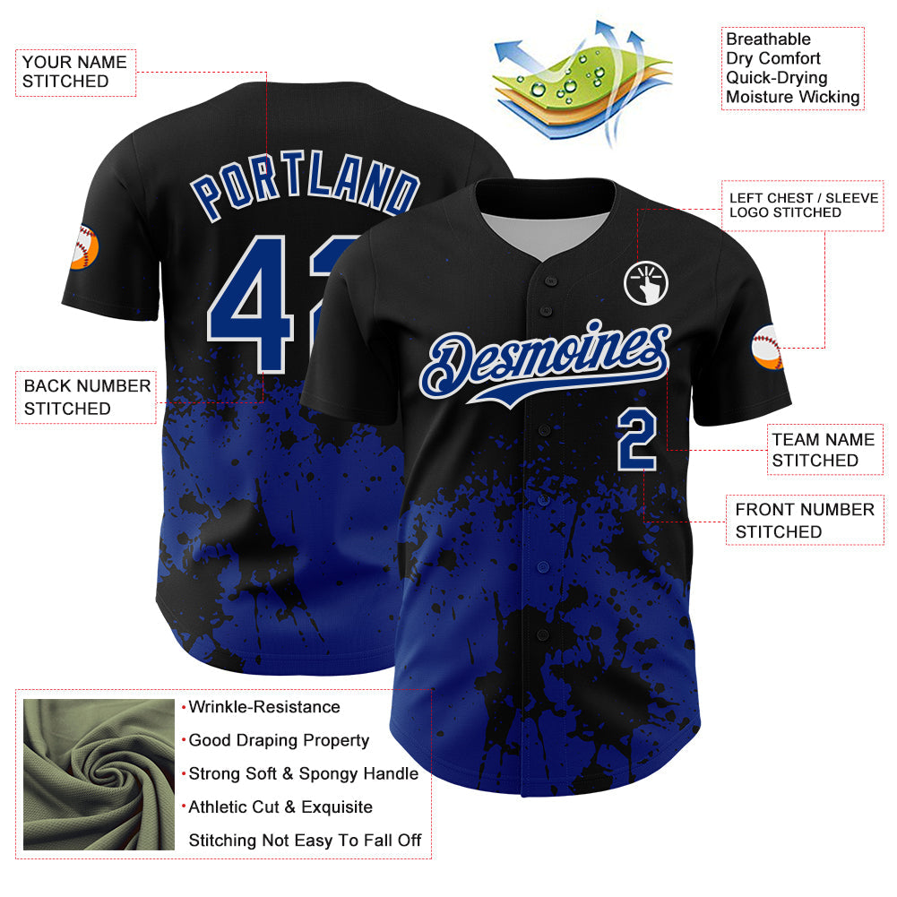 Custom Black Royal-White Abstract Splatter Grunge Authentic Baseball Jersey