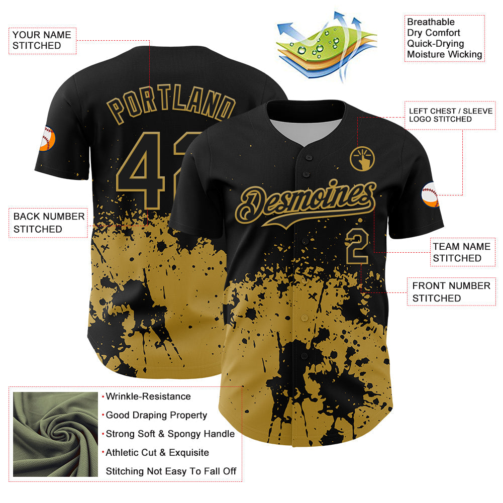 Custom Black Old Gold Abstract Splatter Grunge Authentic Baseball Jersey