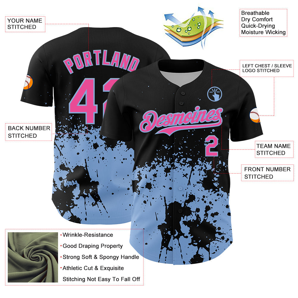 Custom Black Pink-Light Blue Abstract Splatter Grunge Authentic Baseball Jersey
