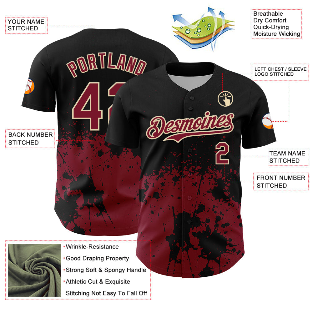 Custom Black Crimson-Cream Abstract Splatter Grunge Authentic Baseball Jersey