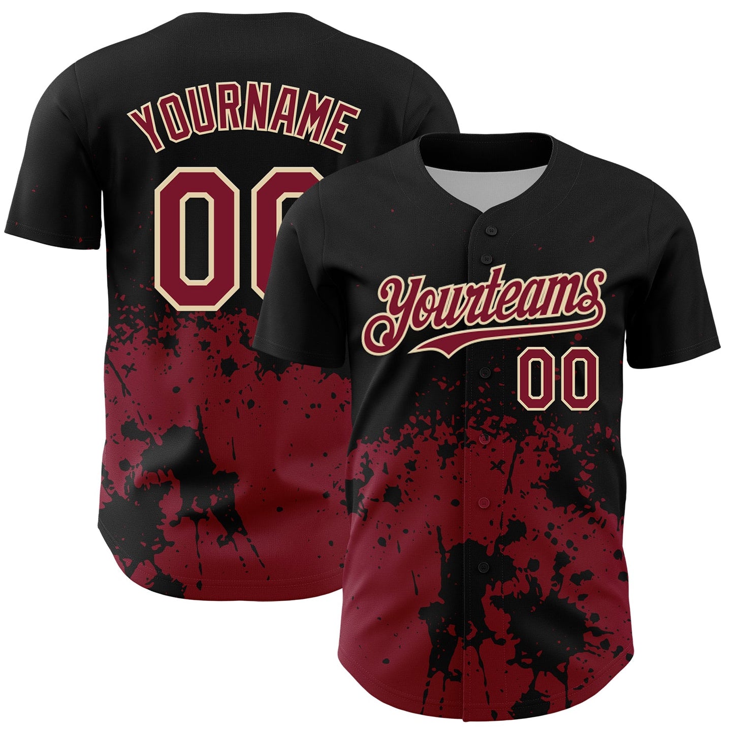 Custom Black Crimson-Cream Abstract Splatter Grunge Authentic Baseball Jersey