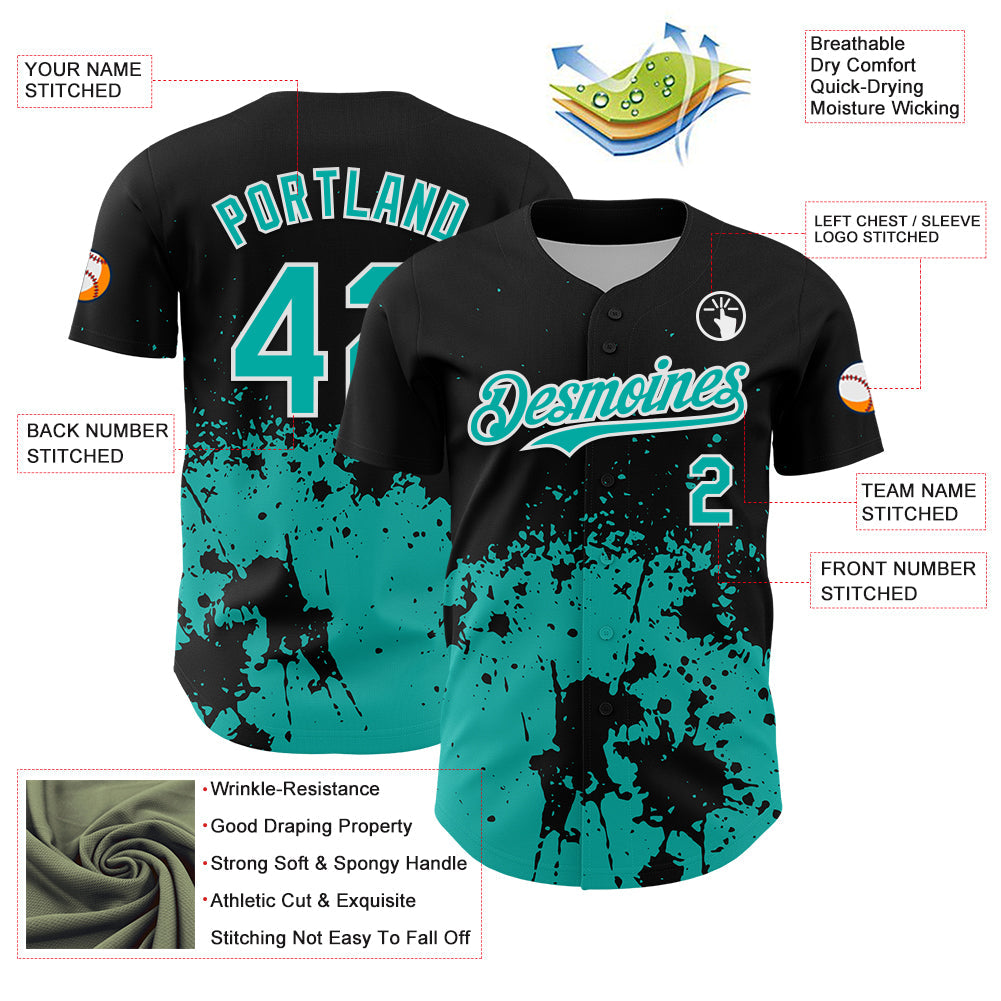 Custom Black Aqua-White Abstract Splatter Grunge Authentic Baseball Jersey