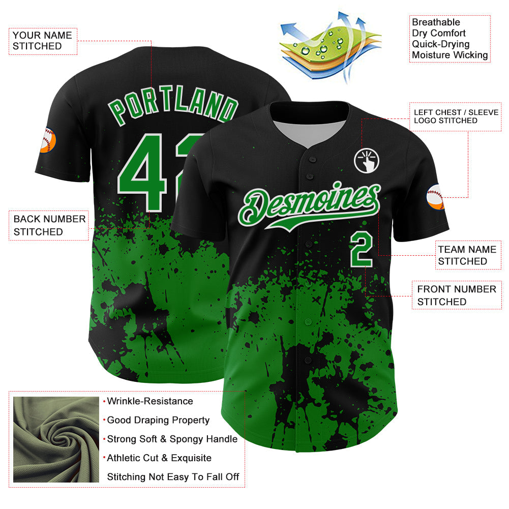 Custom Black Grass Green-White Abstract Splatter Grunge Authentic Baseball Jersey