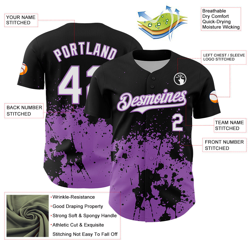 Custom Black White-Medium Purple Abstract Splatter Grunge Authentic Baseball Jersey