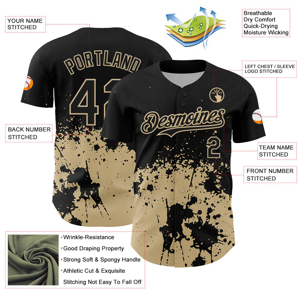 Custom Black Vegas Gold Abstract Splatter Grunge Authentic Baseball Jersey