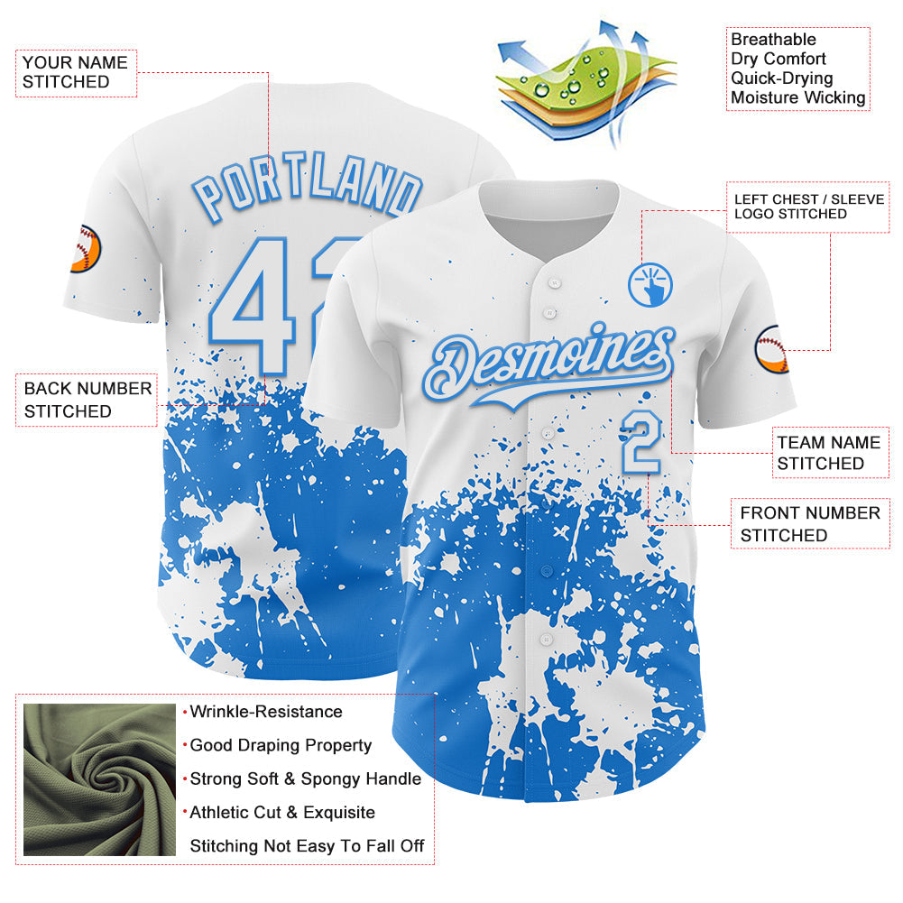 Custom White Powder Blue Abstract Splatter Grunge Authentic Baseball Jersey