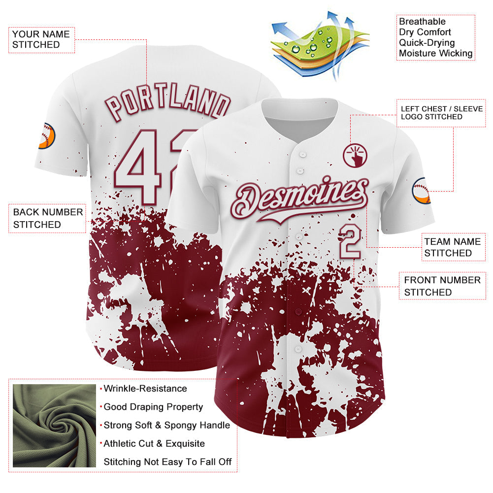 Custom White Crimson Abstract Splatter Grunge Authentic Baseball Jersey