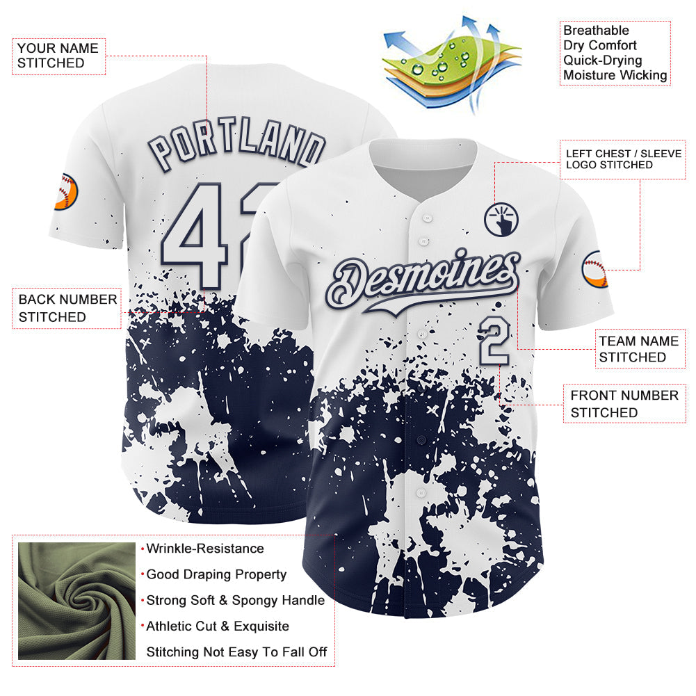 Custom White Navy Abstract Splatter Grunge Authentic Baseball Jersey