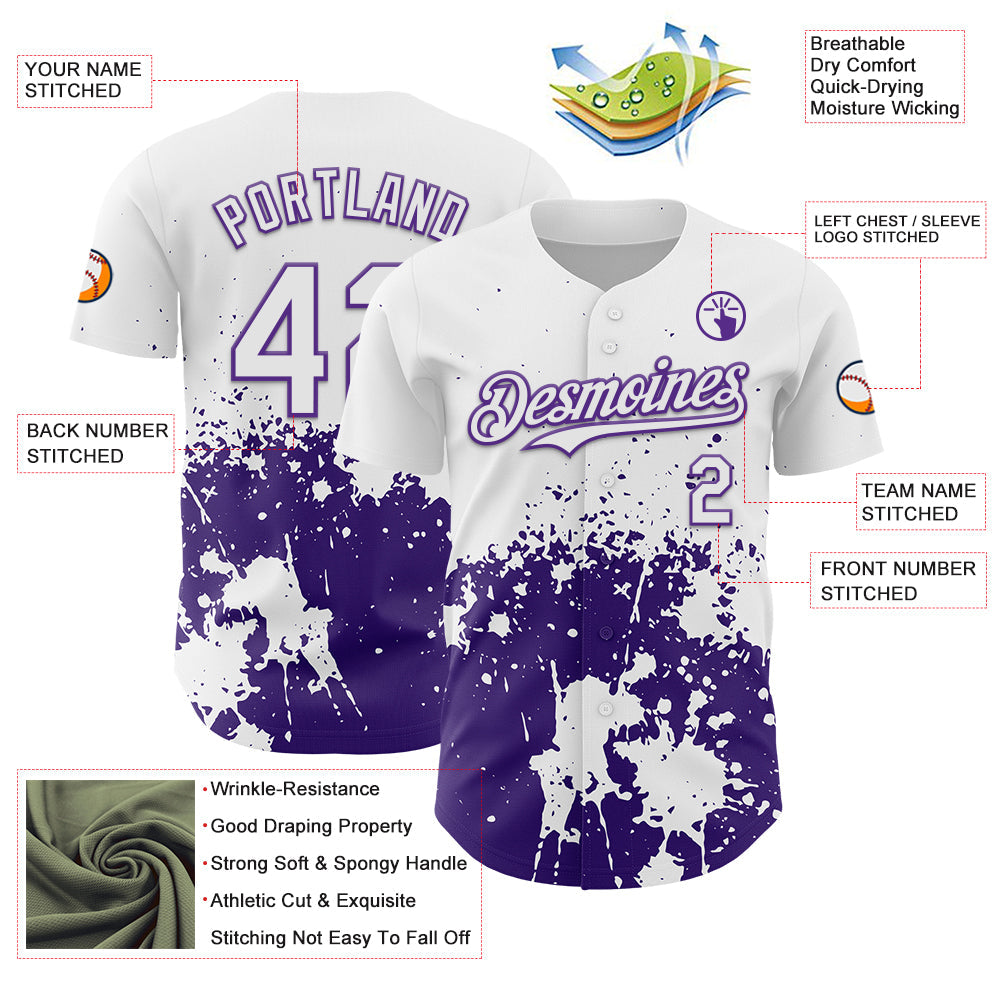 Custom White Purple Abstract Splatter Grunge Authentic Baseball Jersey