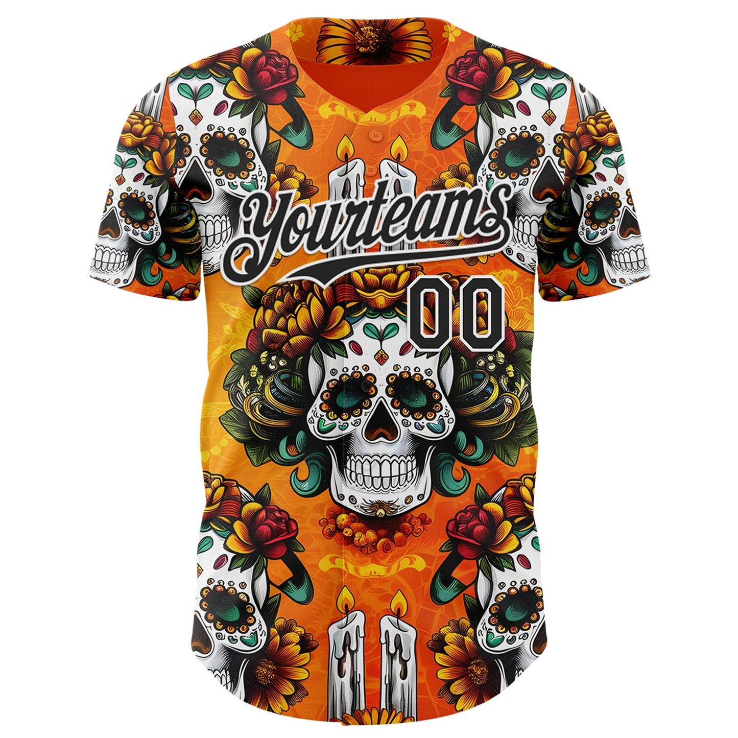 Custom Orange Black-White Sugar Skull Day of the Dead Mexican Folk Art Authentic Baseball Jersey