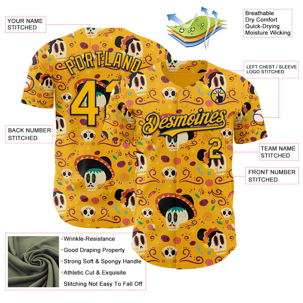 Custom Gold Navy Sugar Skull Day of the Dead Mexican Folk Art Authentic Baseball Jersey