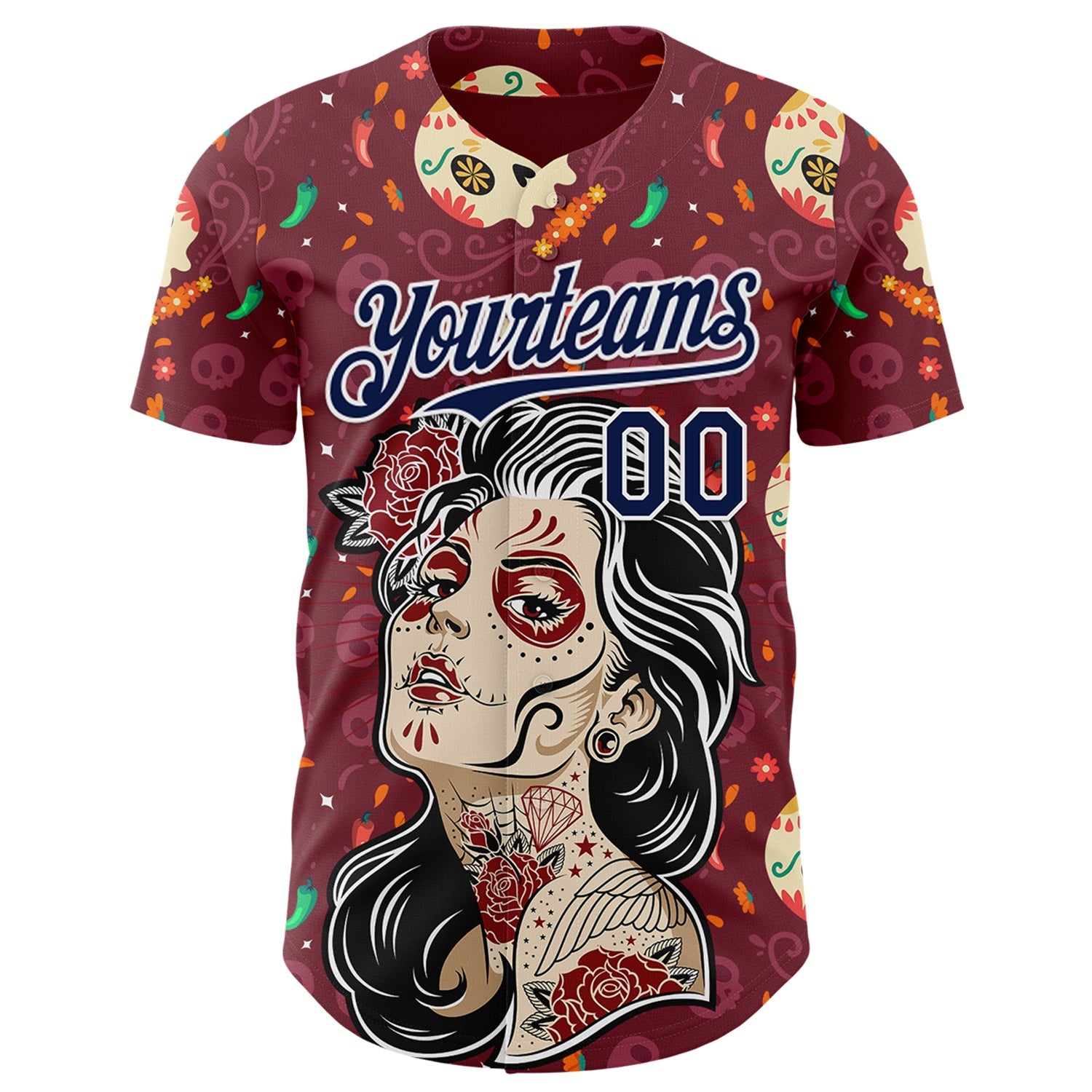 Custom Burgundy Navy-White Sugar Skull Day of the Dead Mexican Folk Art Authentic Baseball Jersey