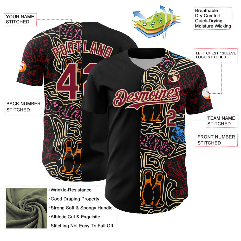 Custom Black Crimson-Cream Bowling Doodle Split Authentic Baseball Jersey