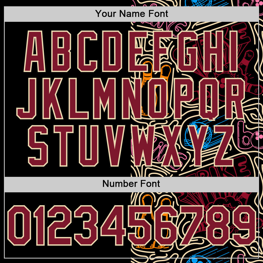 Custom Black Crimson-Cream Bowling Doodle Split Authentic Baseball Jersey